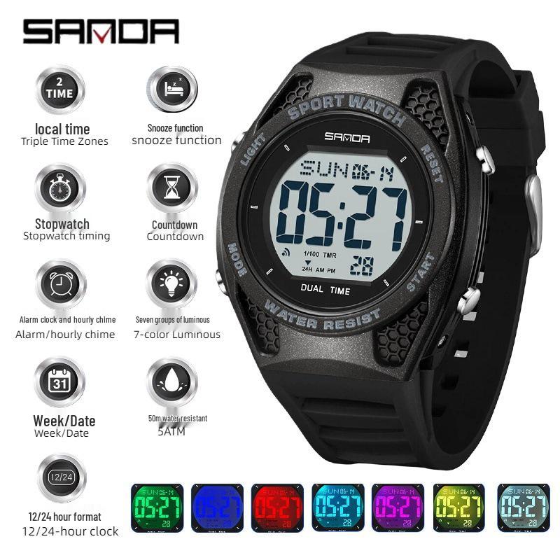 

Sanda Trendy Waterproof Sports Watch with Alarm, Stopwatch & Luminous Features for Men & Women.