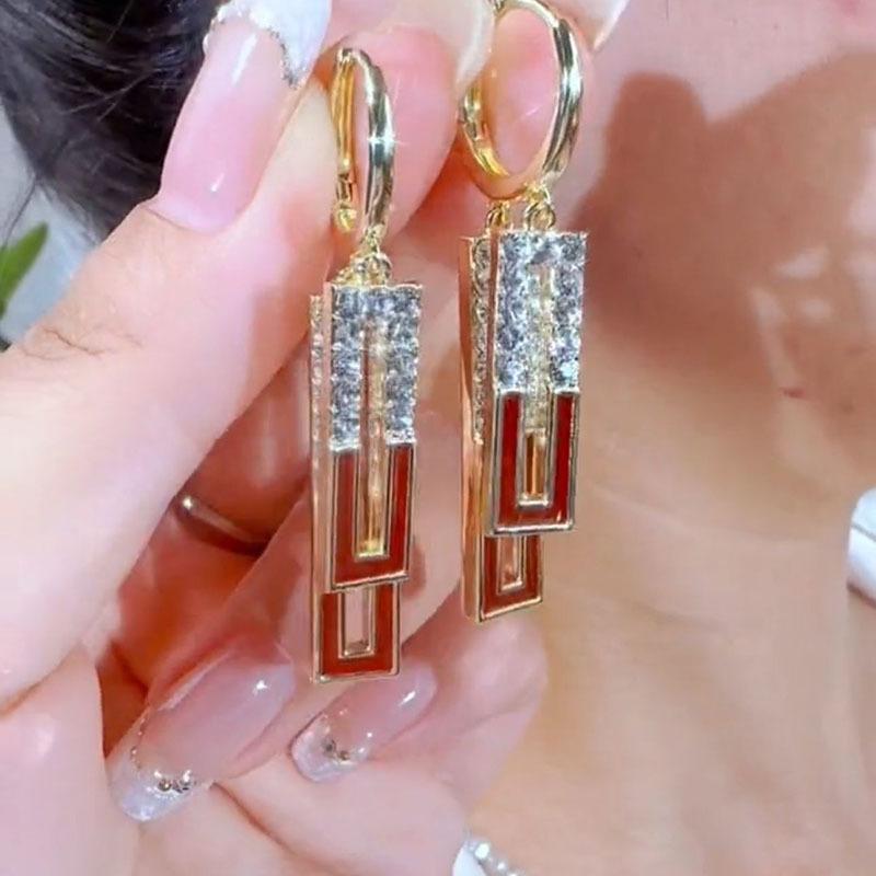 Unique Design, Retro Geometric Color Blocked Rectangular Pendant, Ear Buckle, Red Glazed Earrings