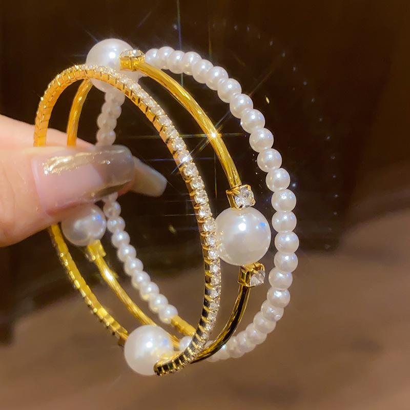 Vintage Multi-Layer Pearl & Diamond Bangle Bracelet for Women - High-End Court Style Jewelry with Light Luxury Appeal