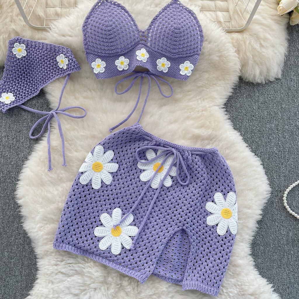 Korean Hollow Out Knitted Suits Women Halter Lace Up Bow Backless Tank Top Drawstring Split Mini Skirt Summer Fashion Sweet Two Pieces Sets