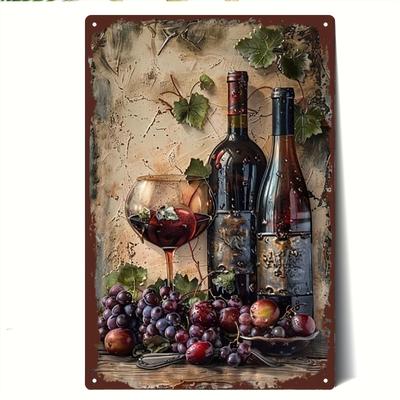 Piatto 2D - Targa Segno Metallico Vintage | Pittura su Ferro con Elementi di Bottiglia di Vino, Bicchiere, Uva e Foglie Verdi | 20*30cm/8*12inch