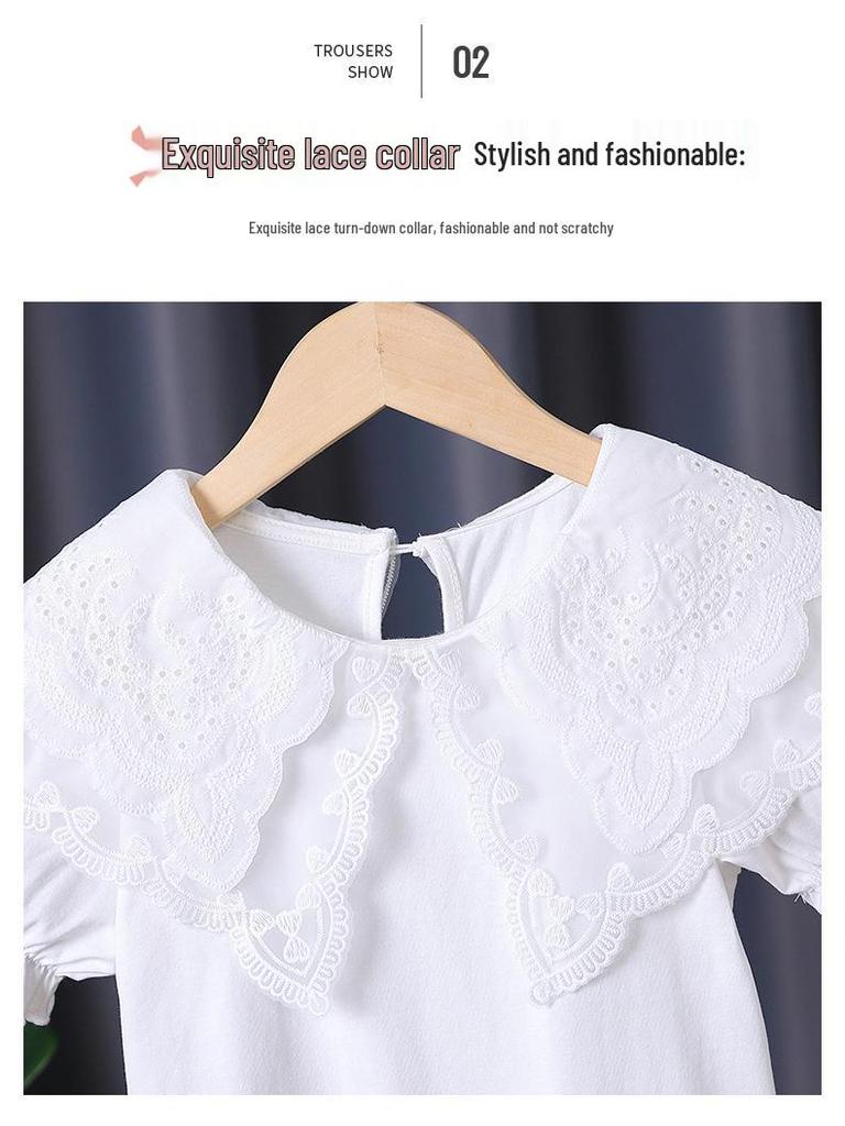 Premium Mädchen Weißes Spitzenkragen Baumwoll-T-Shirt - Sommer Kurzarm für Kinder