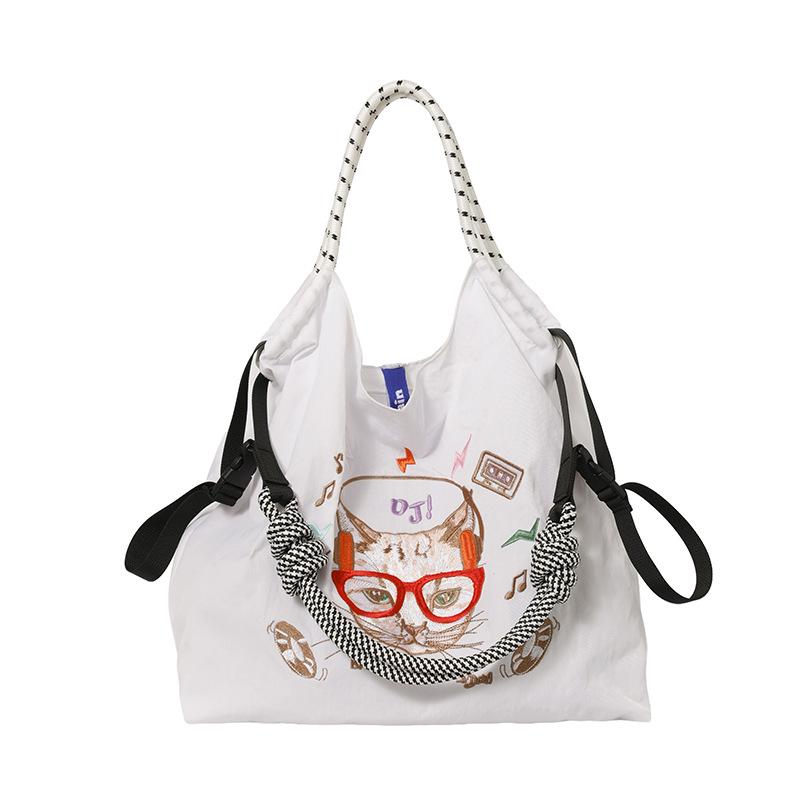 Gao Yuanyuan Style Japanese Embroidery Cat Tote Bag - Versatile, Large Capacity, Single Shoulder & Crossbody Drawstring Bag