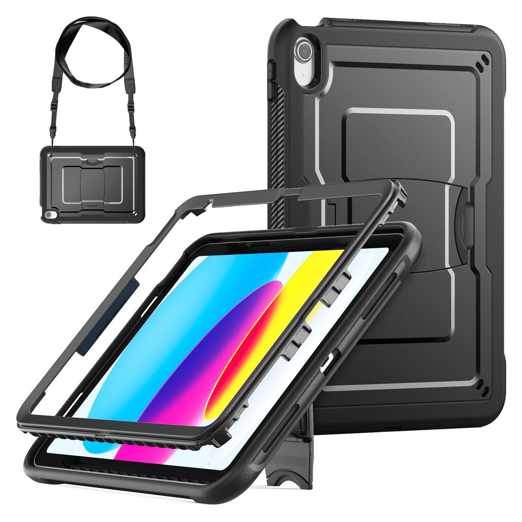 For iPad (2025)/10.9 (2022) Case Hidden Zinc Alloy Kickstand PC + TPE Tablet Cover with Shoulder Strap