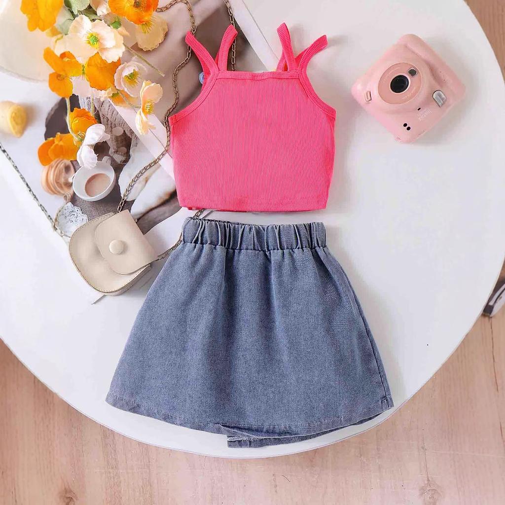 Girls' Fashionable Set Summer Children's Cute Rose Red Halter Top + Denim Short Skirt