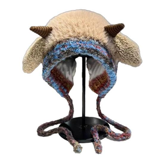 Knitted Hat Lamb Ears Design Universal Fit Soft Plush Windproof Hat Family Photo Christmas Hat 2 In 1 Convertible Santa Hat Tote