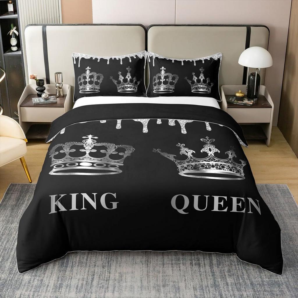 Comforter King Queen Black And Red Crown Design Comforter Soft Aesthetic Elegant Modern Bedding Set With 2 S
