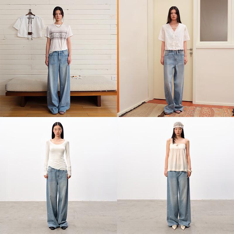 GREEN BELT Blue Washed Rhinestone Slim Loose Wide-Leg Jeans