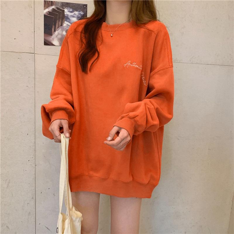 Women Hoodies Harajuku Plus Velvet Thickened Long-sleeved Sweater Women's Autumn and Winter Round Neck Loose Letter Sweater