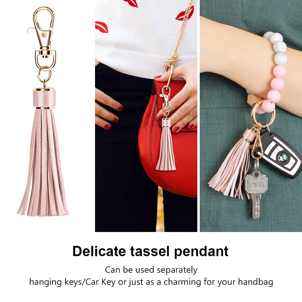 UpUDo Keychain Bracelet Wristlet, Silicone Beaded Key Ring Bracelet with Card Wallet, Elastic Key Ring Bangle for Women, Rose Gold, Large