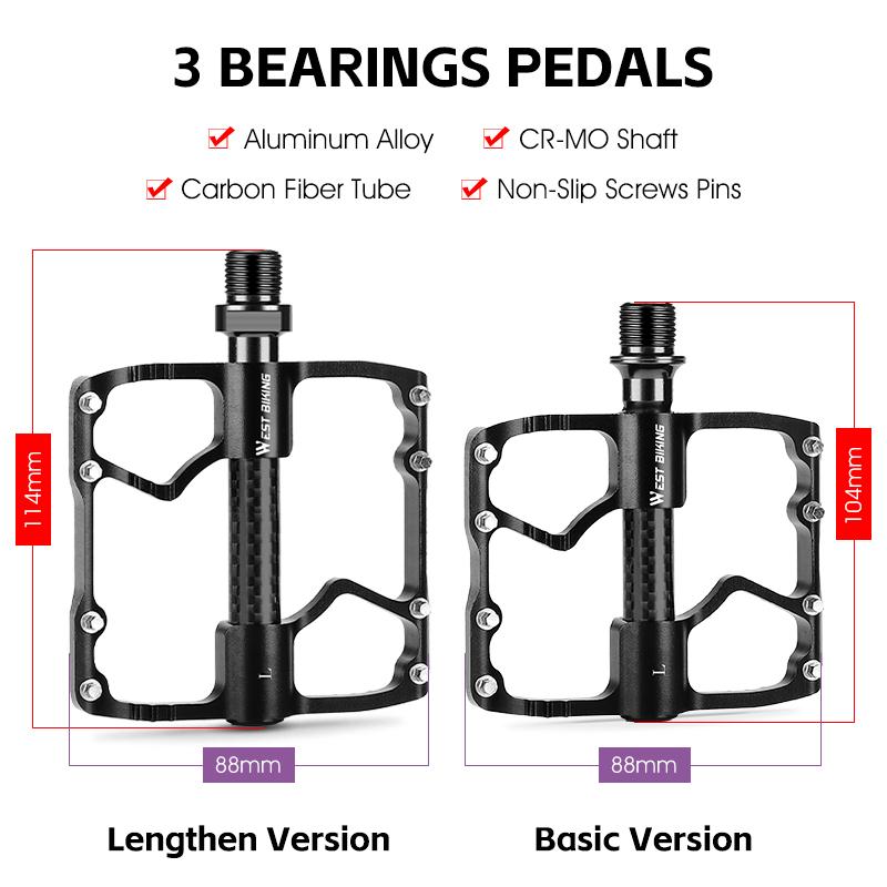 WEST BIKING 3 Bearings Bike Pedals Carbon Fiber Tube Ultralight Aluminum Widen Flat Pedal Anti-slip MTB Road Bike Pedals