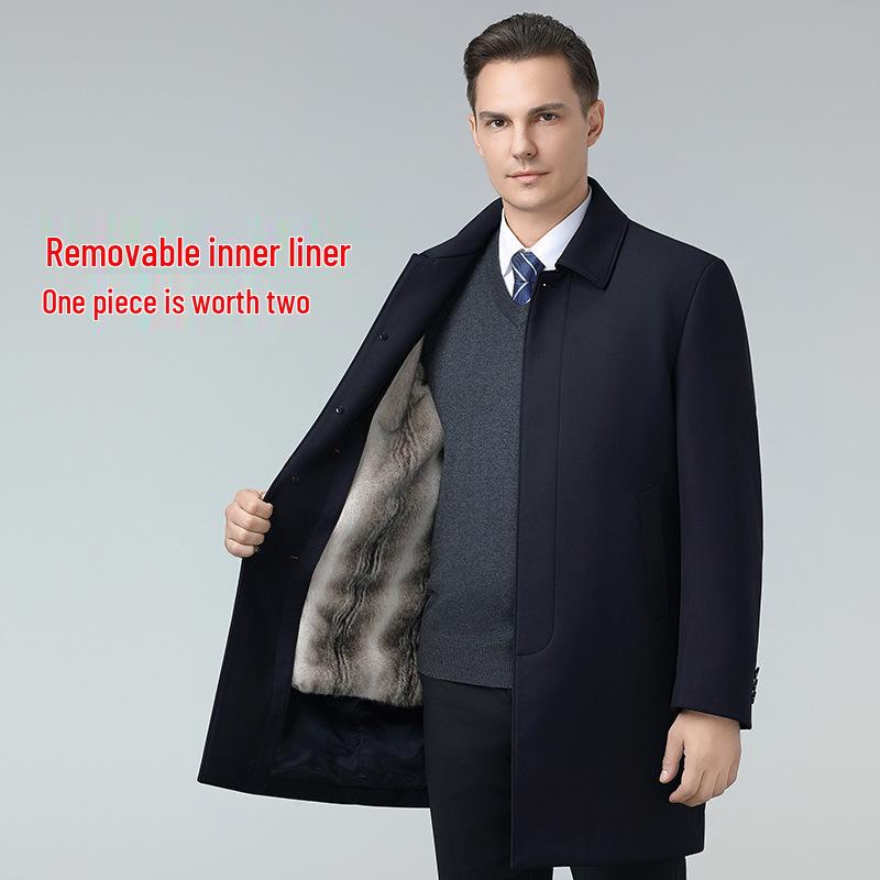 Winter Mid-length Business Coat for Middle-aged Men with Warm Mink Velvet Lining