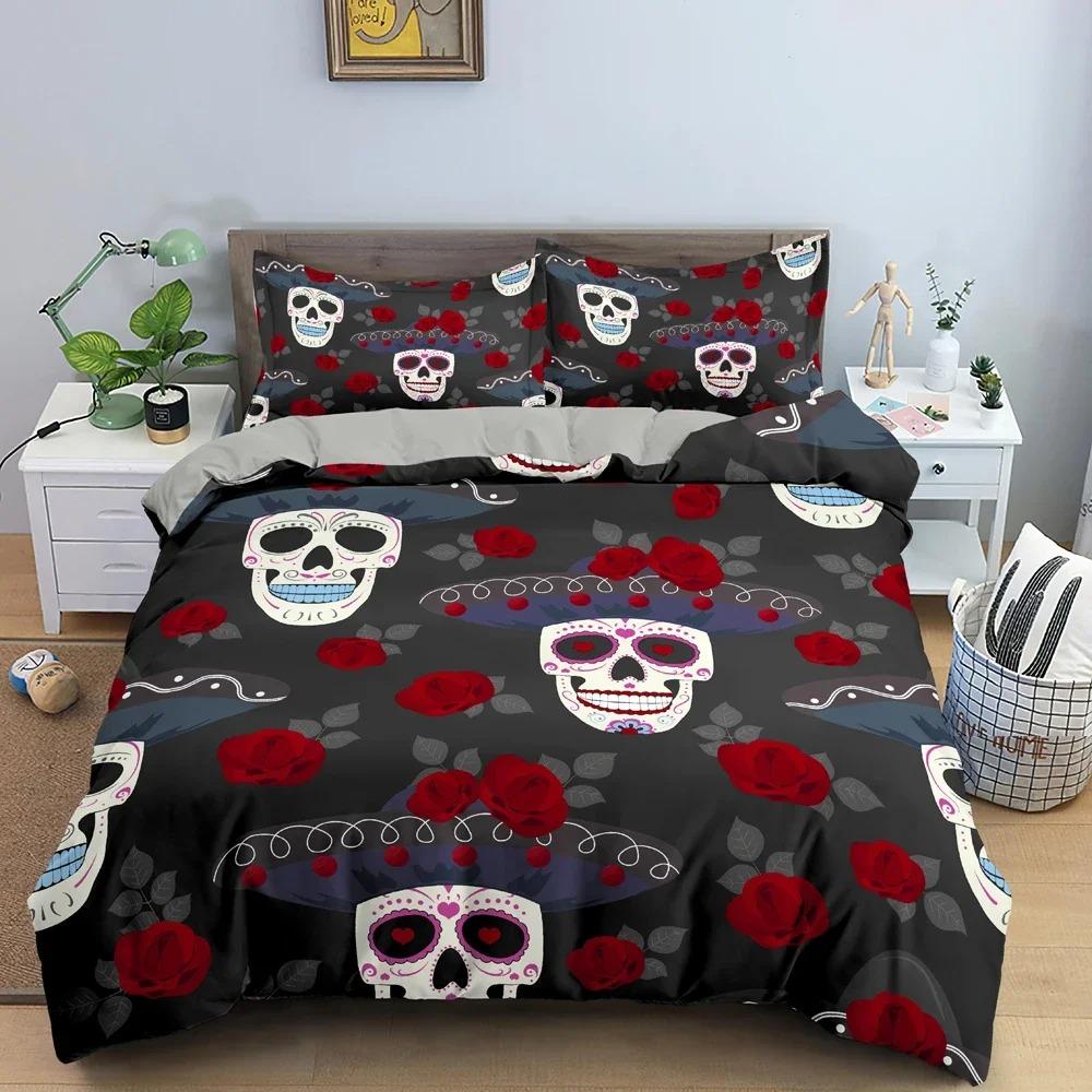 3D Sugar Flowers Skull Bedding Set Terror Duvet Cover Set With Pillowcase King Queen Twin Full Bedclothes Quilt Cover Home Decor
