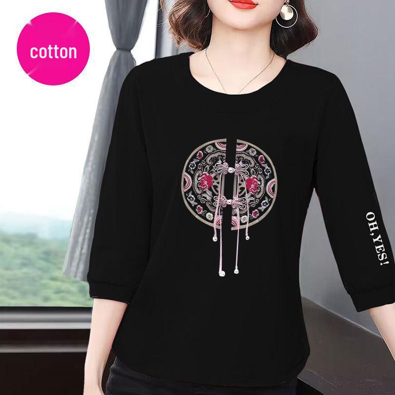 Women's 2025 Summer Korean Style Cotton Seven-Sleeve Tee - Slimming, Loose, Belly-Covering, Versatile Casual Top