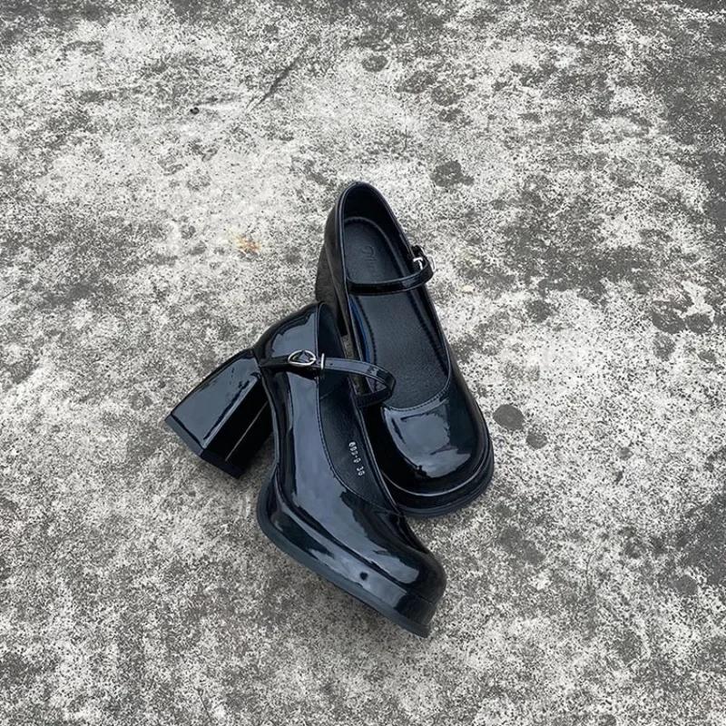 Primavara Vara Pantofi noi frantuzesti retro femei punk stralucitor gros toc inalt cap patrat Mary Jane pantofi pentru femei cu tocuri cu platforma