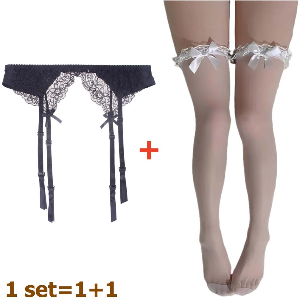 2Pcs Women'S Adjustable Non-Slip Stockings High Waist Garter Belt Plus Size Sock Set Lace Mesh Suspender One-Piece Pantyhose Xxl