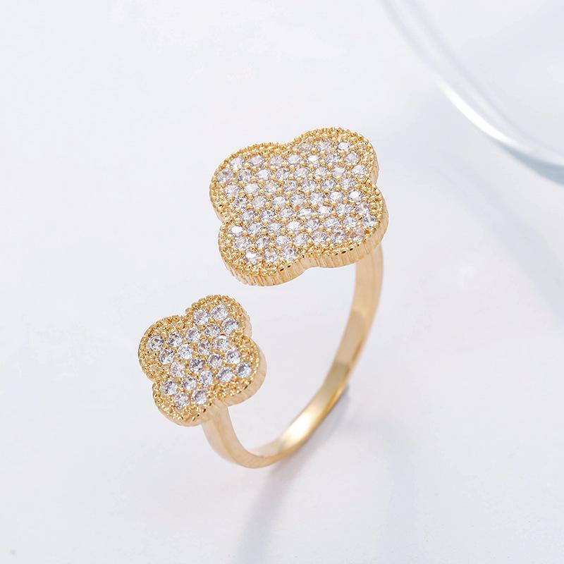 Korean Style Four-Leaf Clover Diamond Ring - Simple Geometric Design Adjustable Opening