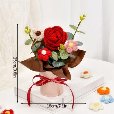 Decoração de Mesa de Flor de Tricô Feita à Mão Presentes de Dia dos Namorados Girassol Crochê Buquê Flor Eterna Presentes de Dia dos Professores