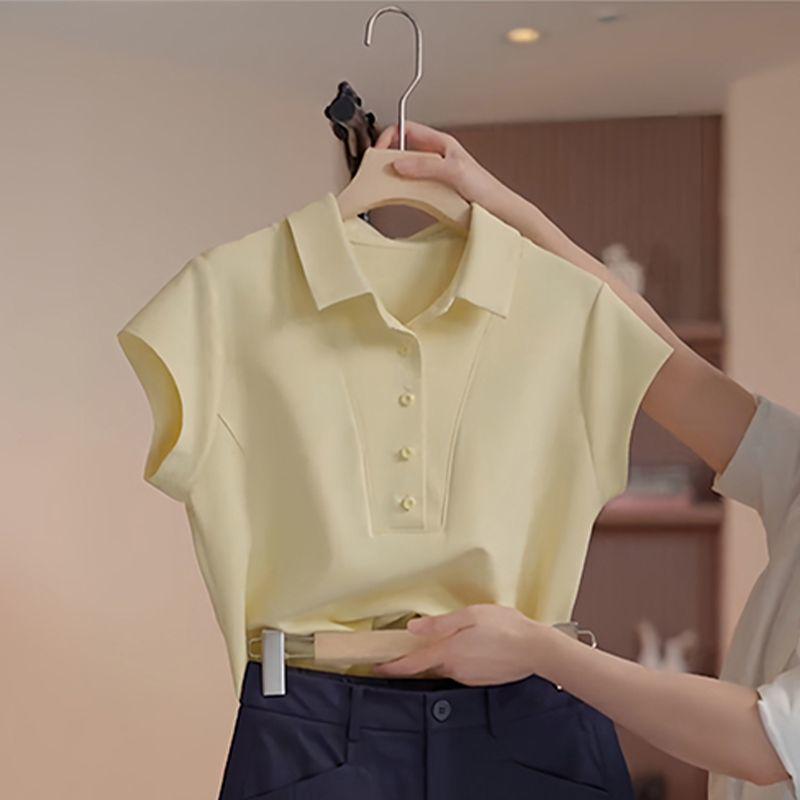 2026 Women's Chic Polo Collar Set: Stylish Solid Color Short Sleeve T-shirt for Summer Commutes