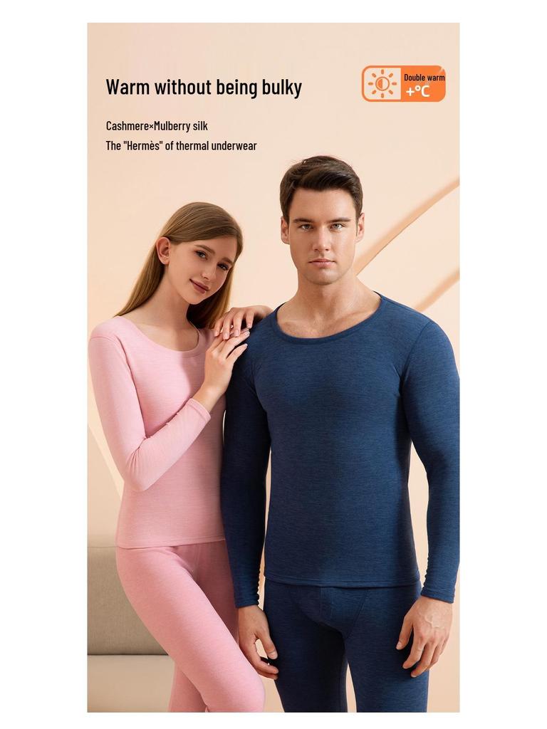 Men's and Women's Cashmere Silk Fleece-Lined Seamless Underwear Set for Autumn/Winter - Includes Base Layer Top and Pants