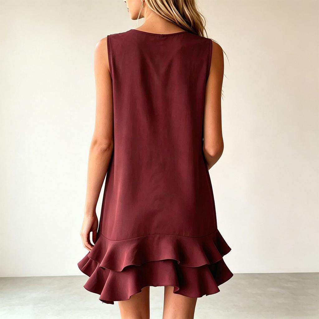 Women's Sleeveless V Neck Dress Summer Casual Comfortable Ruffle Hem Loose Fit Lightweight Layered Mini Dress