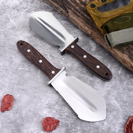 Zahradní lopatka 4 v 1 se zoubkovanou hranou Nerezový řezač s dřevěnou rukojetí Pochva Multifunkční lopatka pro sázení Řezání Kempování