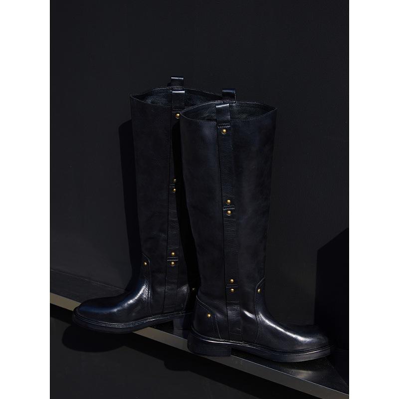 Cowhide version~ High tube temperament metal buckle but knee knight boots women's black leather thick heel side zipper boots