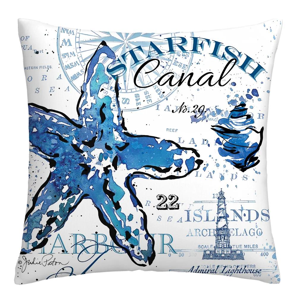 Blue Marine Organism Printed Pattern Polyester Cushion Cover for Home Living Room Sofa Decorative Pillowcase