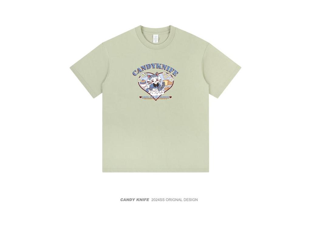 Lazy Style Pure Cotton Cute Kitten Short Sleeve Casual T-Shirt for Summer