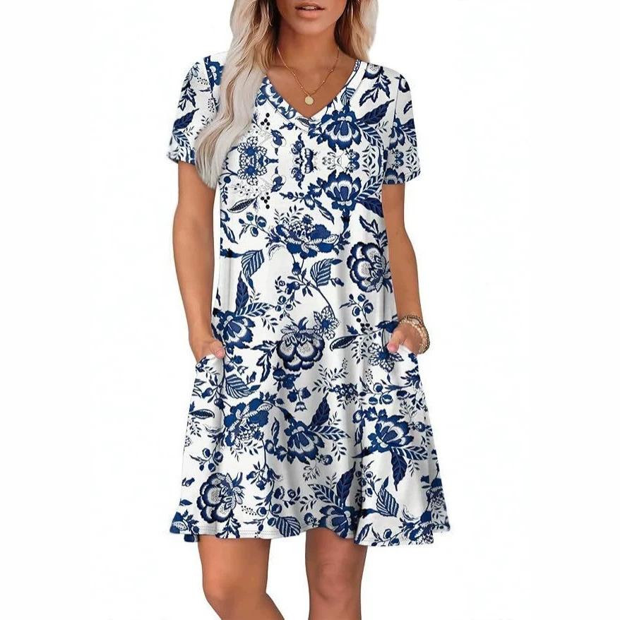 2026 New Women's Crew Neck Short Sleeve Long Dress Bohemian Print Dress Women's Early Summer