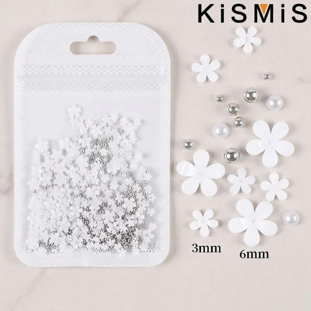 

200Pcs Pack New Flowers Gold Silver Beads Multi Size White Flower Resin Acrylic Nail Art Decorations серебро белый