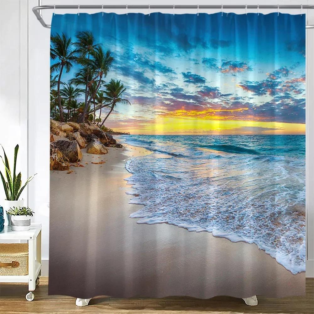 Dusk Sunset Beach Shower Curtains Tropical Ocean Palm Tree Forest Waterfall Nature Scenery Cloth Home Decor Bathroom Curtain Set