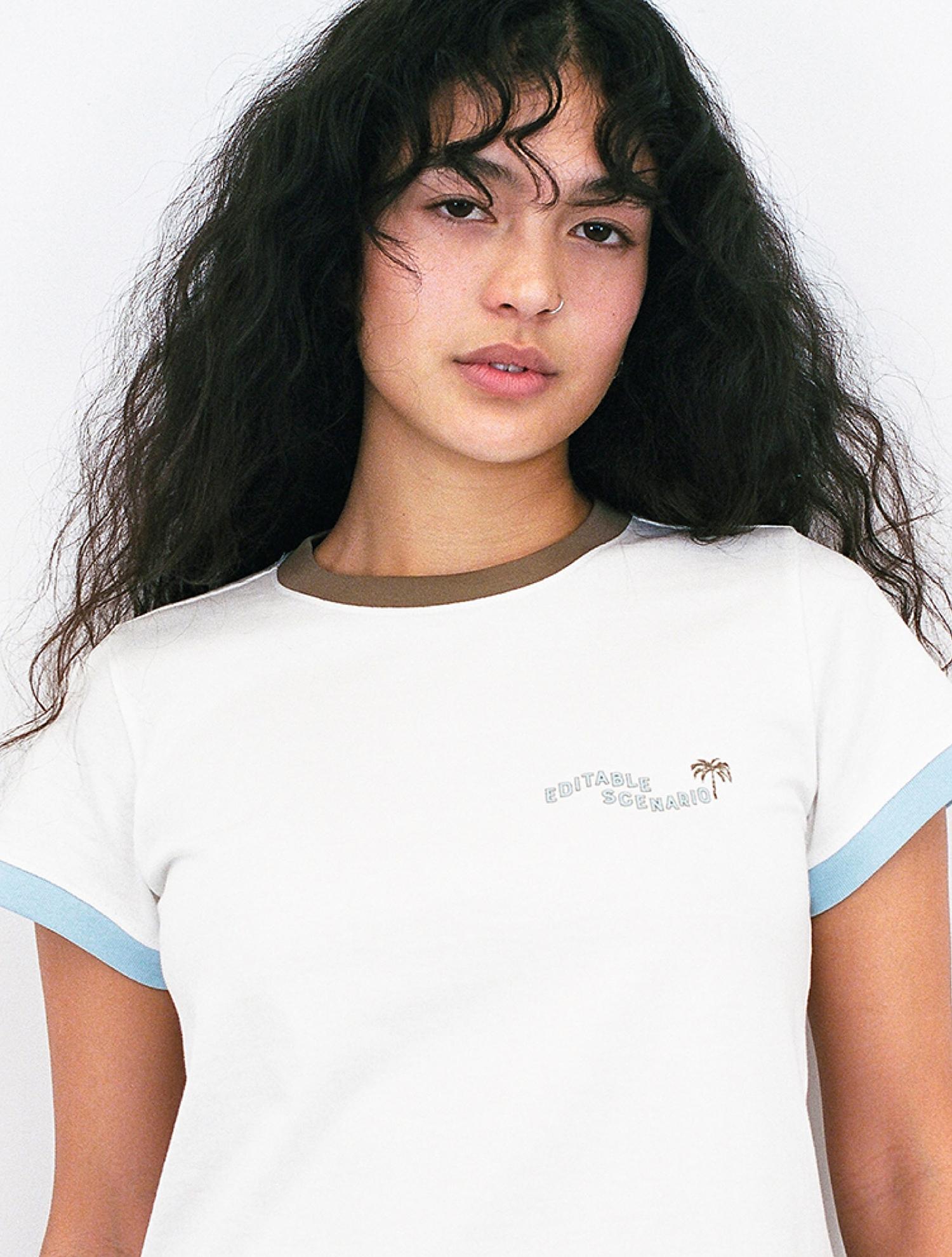 Editable Scenario Palm Tree Logo Ringer Tee (Color Block Short Sleeve Tee) [Off-White] Off White (Binding: Multicolor)