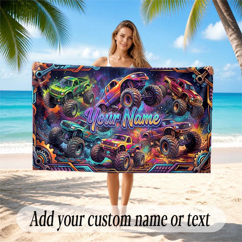 Truck Theme Beach Towel Personalized Custom Name & Text Soft Quick Dry Beach Towel for Swimming Travel