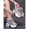 High Platform Casual Lace-up Sneakers for Women 10CM Designer Lightweight Breath Mesh Leather Thick Heel Sport Dad Shoes
