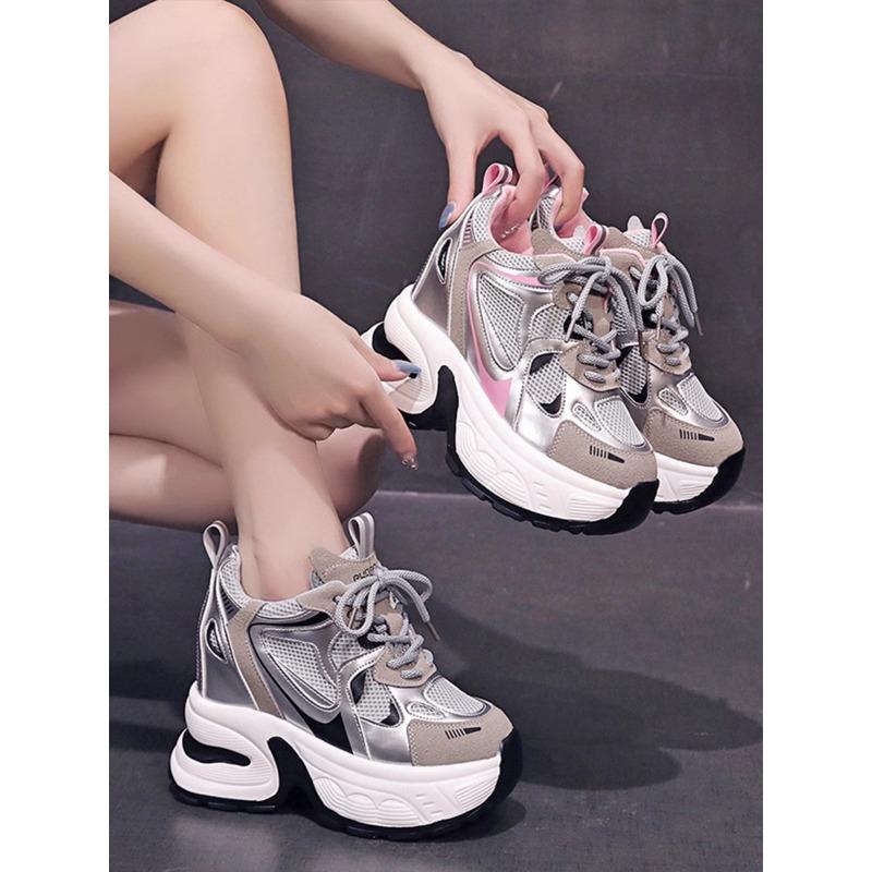 High Platform Casual Lace-up Sneakers for Women 10CM Designer Lightweight Breath Mesh Leather Thick Heel Sport Dad Shoes