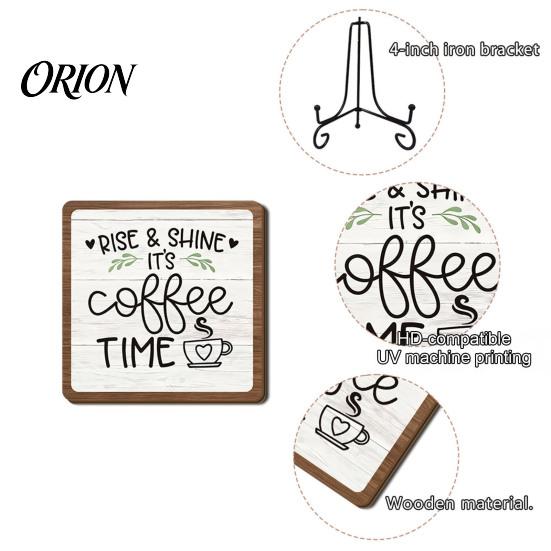 Kitchen Countertop Ornament Coffee Themed Wooden Tabletop Sign, Rustic Bar Plaque with Iron Small Decorative Stand, Farmhouse Home Dining Room