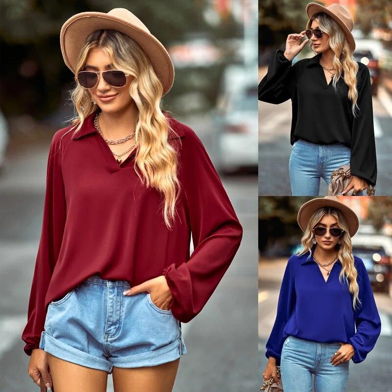 Autunno Solido Scollo A V Camicia da Donna Casual Camicetta a Maniche Lunghe Donna Inverno Magliette E Camicette Moda Donna Elegante Blusas Abbigliamento 23923