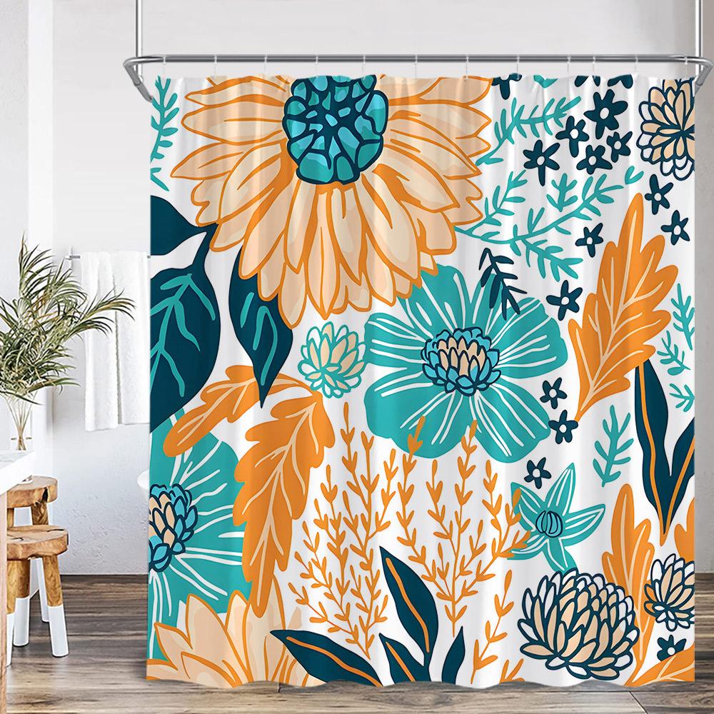 Boho Floral Shower Curtain Vinatge Colorful Flower Green Leaves Plant Spring Summer Bathroom Decor Retro Bath Curtain with Hooks