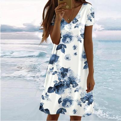 Sommermode Damen V-Ausschnitt Kurzarm Retro Muster Bedrucktes Kleid Sex Kurzer Rock Kleider
