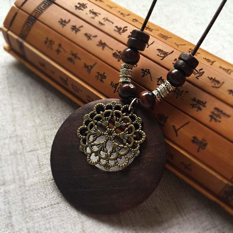Retro Leather Rope Necklace with Wooden Alloy Pendant for Cotton and Linen Sweaters