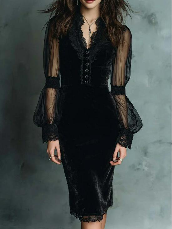 

Retro Lace Trim Velvet Midi Skirt with Sheer Sleeves M чёрный