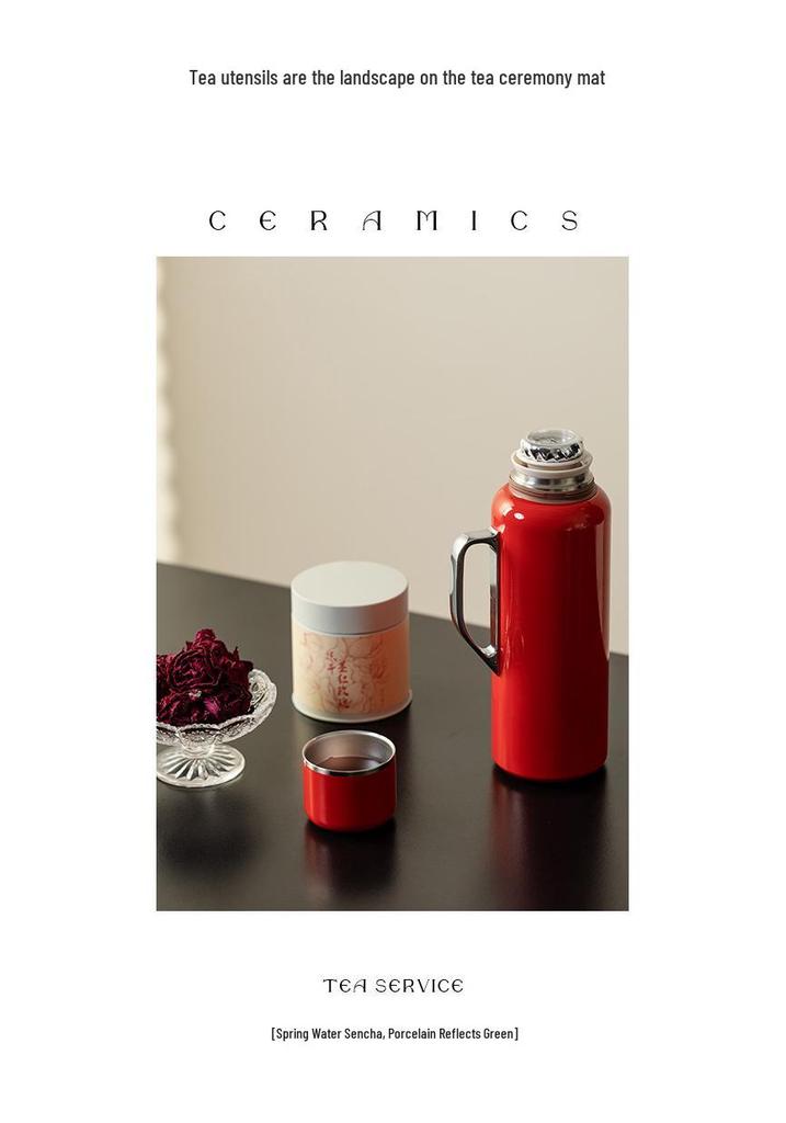 Mo Ji Red Stainless Steel Thermos Tea Pot Gift Set: Portable Outdoor Water Bottle & Kettle