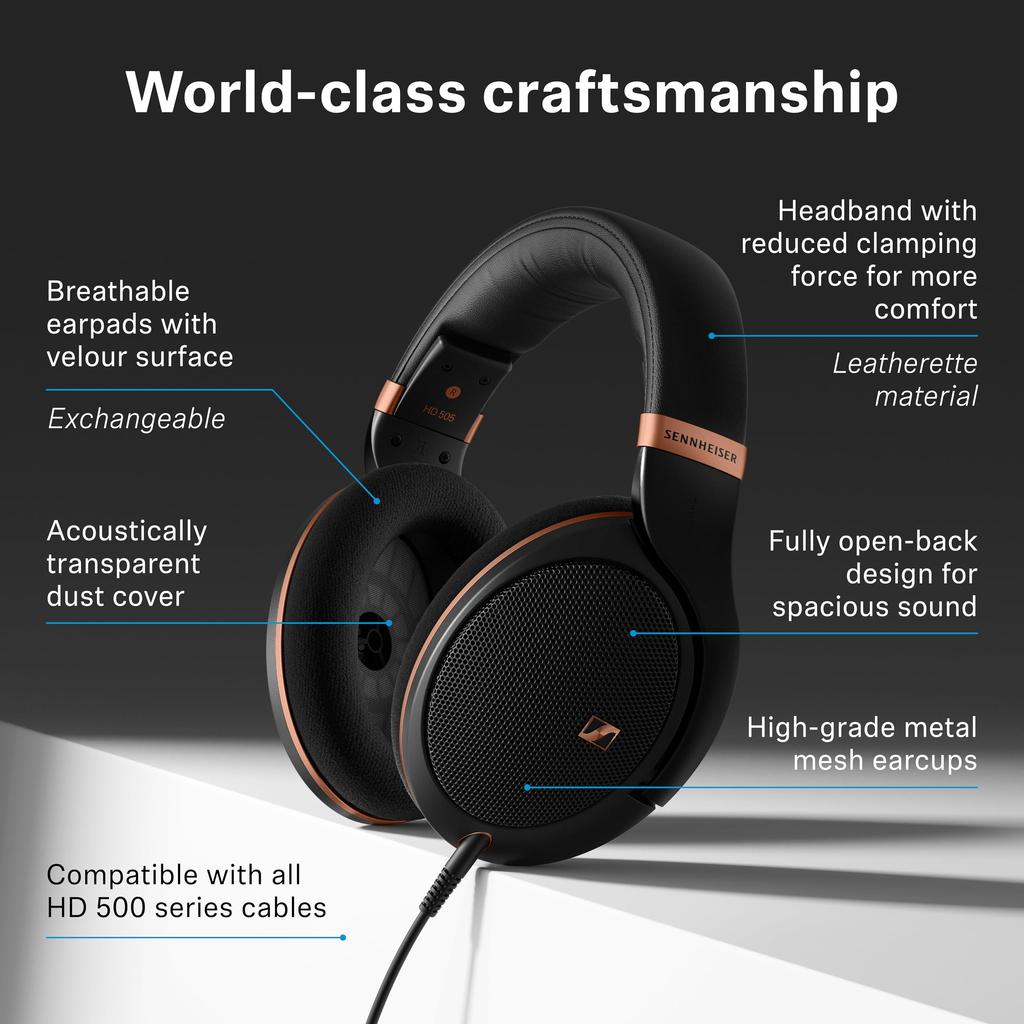 Sennheiser HD 505 Headphones Wired Headphones with Transparent Sound and Controlled Ideal for Studio Music and with Enhanced Copper - Clear, Bass.