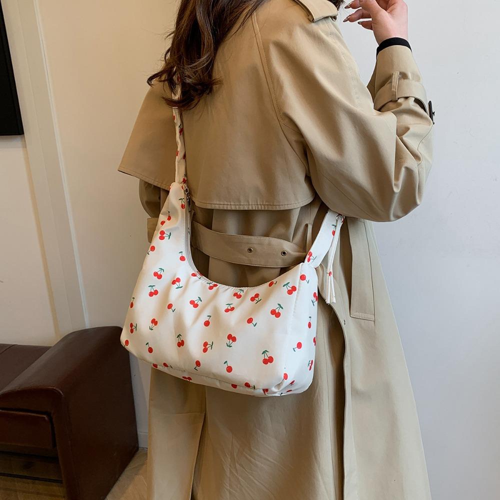 Cute Strawberry Printing Tote Bag Sweet Cherry Underarm Bag Portable Drawstring Shoulder Bag Girls
