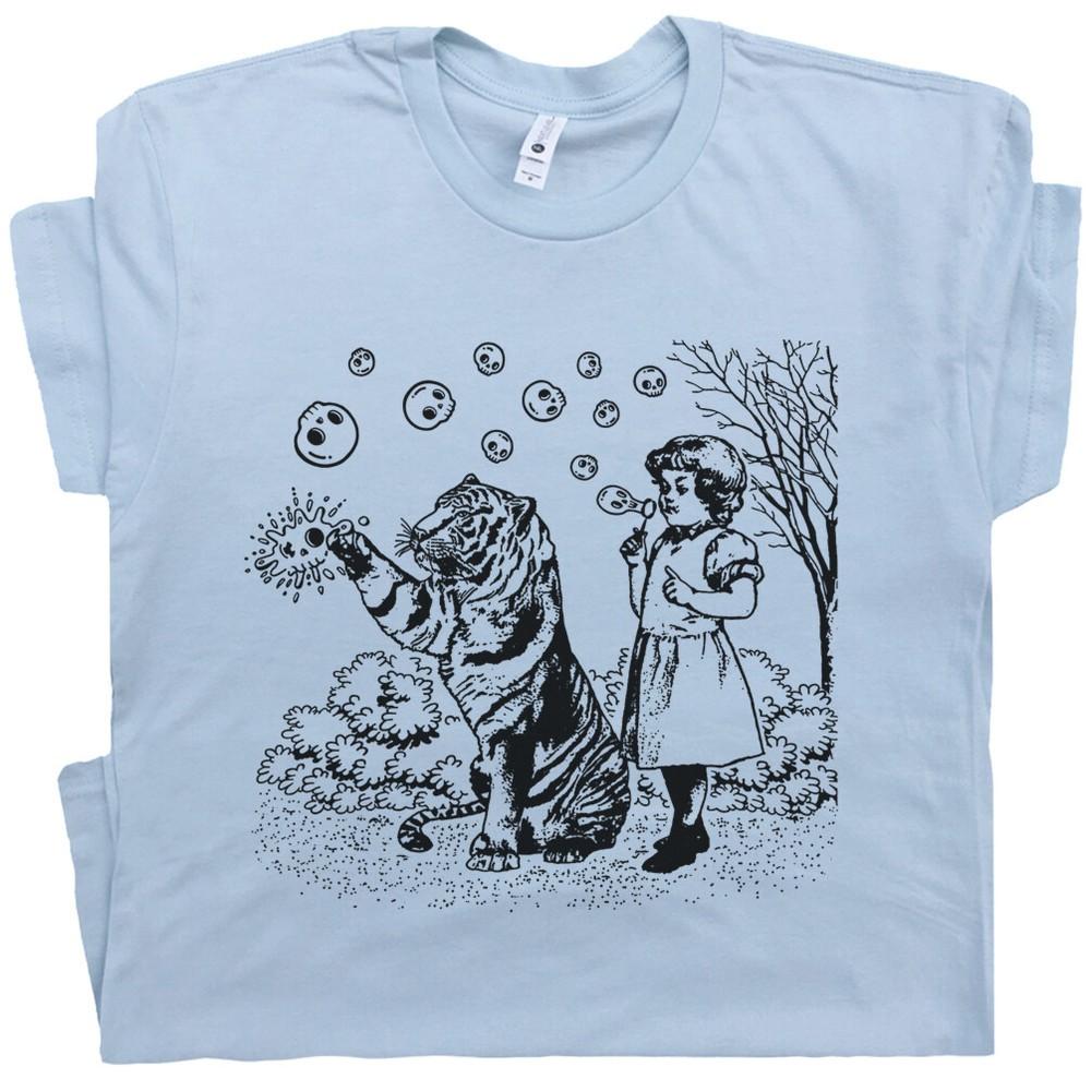 Girl and Tiger Shirt Blowing Skull Bubbles Weird Retro Unique Vintage Random Tee