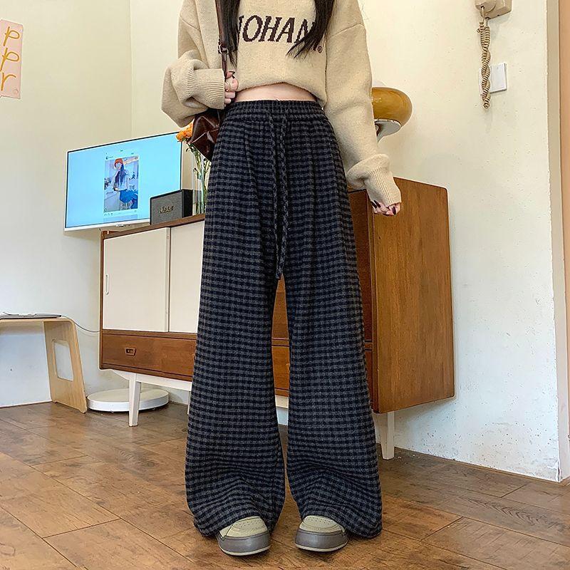 

Большие размеры, эластичный пояс, шерстяные повседневные брюки для женщин, весна и осень, новые прямые брюки с широкими штанинами для похудения 4XL