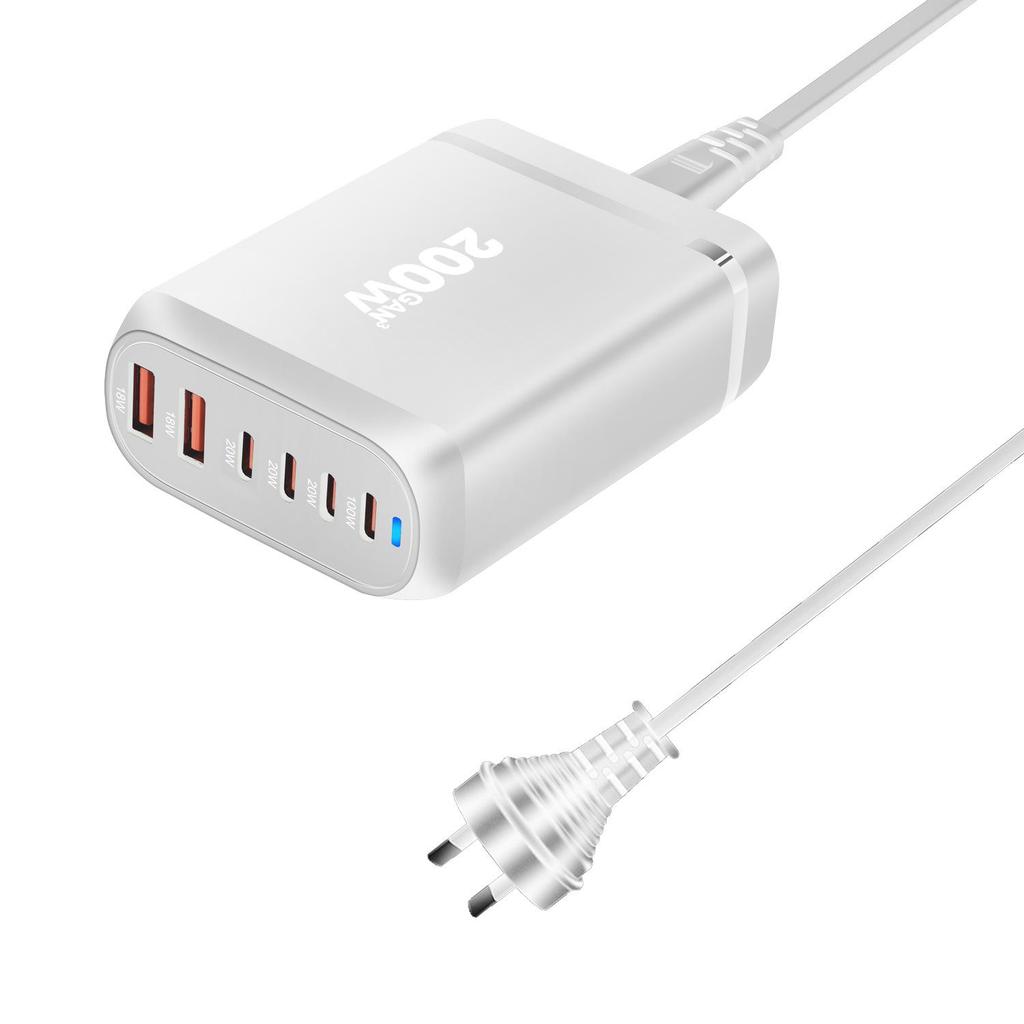 200W Gallium Nitride Multifunctional Desktop Charger with 3A3C Ports - Universal Fast PD Charging Adapter