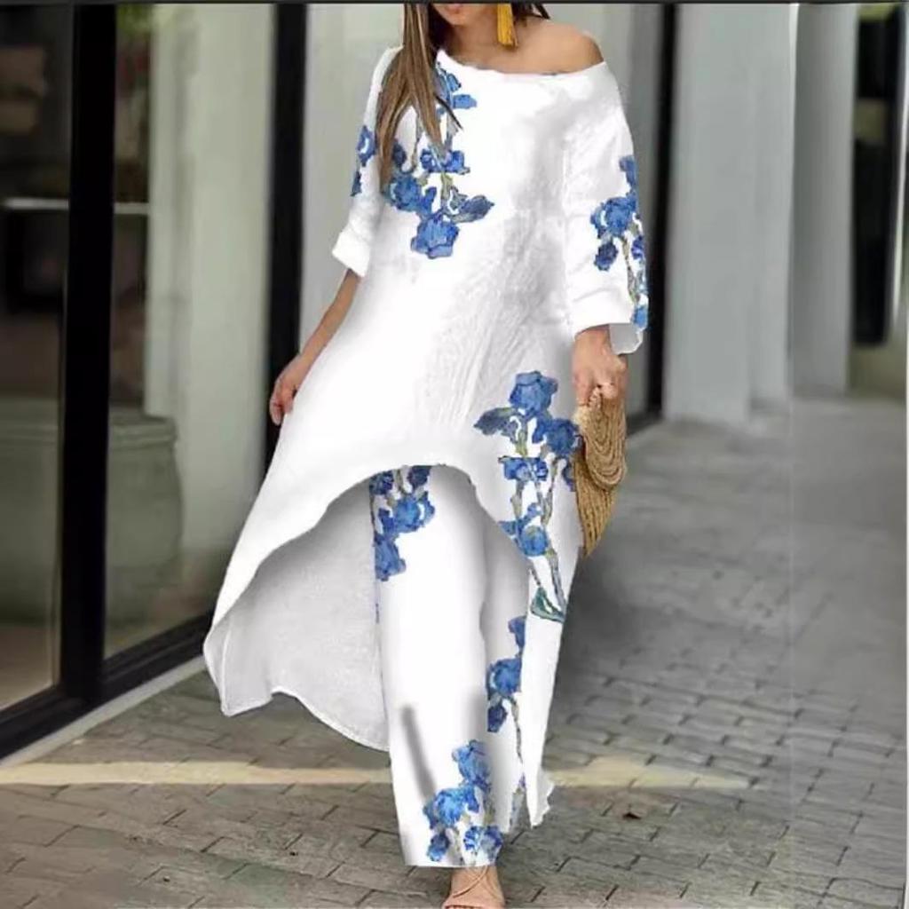 2025 Women's Casual Loose Print Nine-Sleeve Sun Protection Shirt & Wide-Leg Pants Set