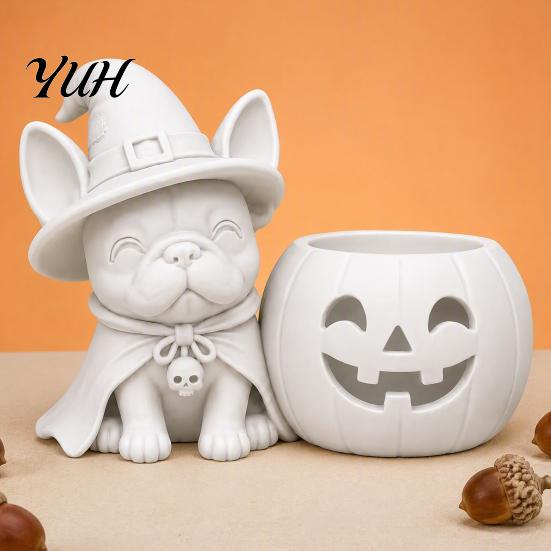 Halloween Party Table Decor French Bulldog Witch Statue, 3D Printed Pumpkin Candle Holder, Desktop Decoration Cute Dog Figurine Tabletop for